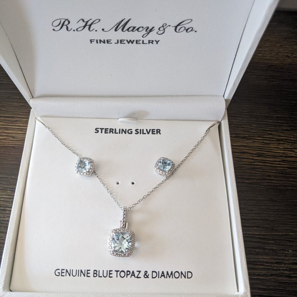 Authentic sterling silver genuine blue topas with diamond necklace and earrings